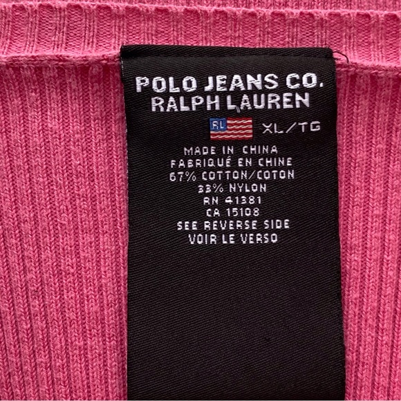 Y2K Polo Sport Ribbed V Neck Top Woman Large Pink Logo Streetwear Preppy - Picture 7 of 12